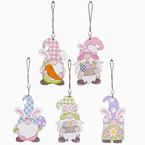Super Idee 5 x Osterdeko Anhänger aus Holz mit Schnur zum Aufhängen Ostern Wichtel Hasen Ohren Figuren Osterwichtel Gnom Tomte Osterhase Anhänger Festliche Geschenk Osterschmuck Holzhase Deko
