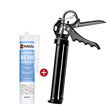 Sanitär-Silikon HS100 anthrazit 310ml + Kartuschenpistole PRO18 schimmelresistenter Silikon-Dichtstoff für Bad Dusche Küche + Kartuschenpresse 18:1 Übersetzung für 290-310ml Kartusche HAUSA