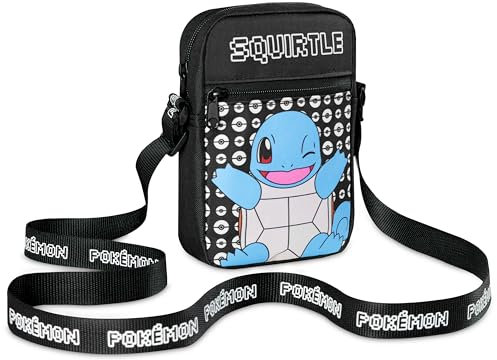 Pokemon Kinder Umhängetasche, Pikachu Reisetasche mit Verstellbarer Schultergurt, Großes Hauptfach mit Reißverschluss Kinder Geschenke (Schwarz Squirtle)