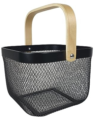 Aufbewahrungskorb Metall mit Holzgriff schwarz 26x26x18cm Allzweckkorb Drahtkorb Küche Bad Büro Vorratskammer