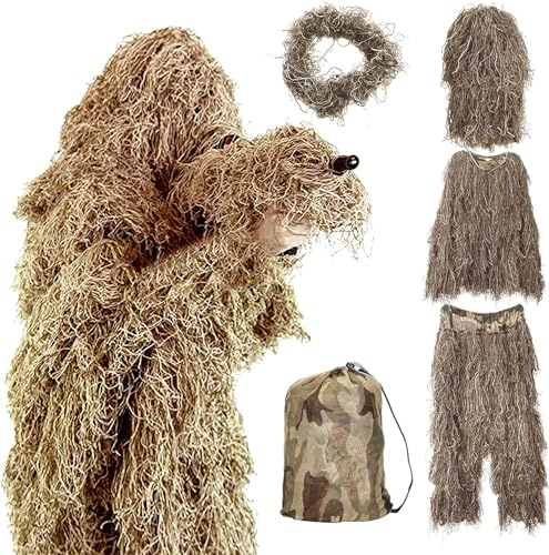 Wald Ghillie Suit, Tarnanzug Jagd Wald, 3D-Camouflage-Jagdanzug, Jagdbekleidung Herren Camouflage, Ghillie Suit Umhang, Herren Damen Kostüm Tarnnetz Tarnanzug Fotografie Set B