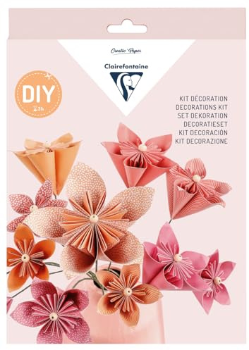 Clairefontaine 97714C - Kreativset mit 60 Blatt Origamipapier 70g/m2 (3 Formate), 1 florales Klebeband, 12 Drähte, 12 Holzperlen, 1 Tube Flüssigkleber, ideal für Einsteiger, Blumenmotiven, 1 Set