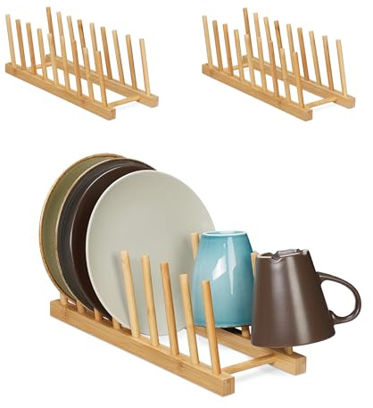 Relaxdays Tellerständer für 8 Teller, Brettchen, Deckel, 3er Set, Bambus, HBT: 12 x 12,5 x 34 cm, Abtropfgestell, Natur
