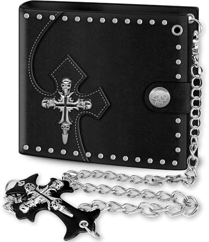 Girinme Cross Chain Wallet Leather - Punk Skull Gothic Bifold Halloween Goth Accessories - Jesus Gifts | Unisex