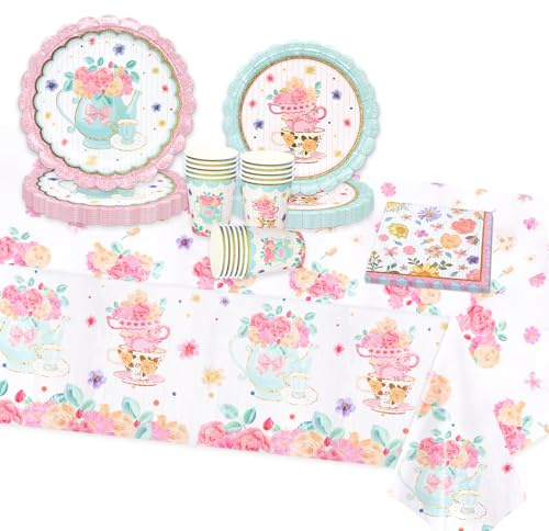MAGLAUG Afternoon Tea Party Decorations Paper Tableware Set | Floral Disposable Tableware Table Cloth for Tea Party Mother's Day Wedding Baby Shower Anniversary (16guest Set)