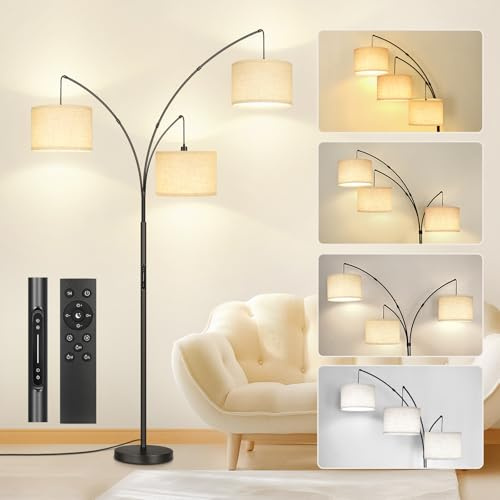 OUTON 3 Arc LED Stehlampe mit Fernbedienung & Touch-Schiebeschalter, dimmbar, modern, schwarz, gewölbte hohe Stehlampe, verstellbare Steh-Ecklampe mit Hängeschirm für Schlafzimmer, Büro, Wohnzimmer