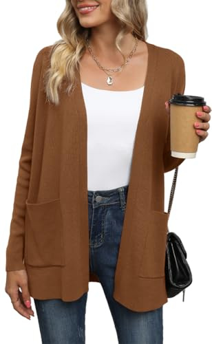 Yommay Cárdigan para mujer, elegante, holgado, informal, ligero, otoño, manga larga, suéter con bolsillos, amarillo, XXL