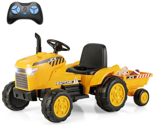COSTWAY 12 V traktor med avtagbar släpvagn, elektrisk barntraktor med 2,4 G fjärrkontroll, lampor och tuta och USB & MP3, elektrisk traktor för barn från 3 år (gul)