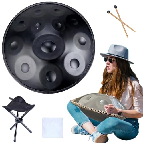 Handpan Drum In D Moll 9/10/12 Noten Handtrommel Aus Stahl, 432 Hz/440 Hz 56cm Handpan Schlaginstrument Mit Handpan-Ständer, Für Meditation, Yoga(Schwarz,12 Notes(432HZ))