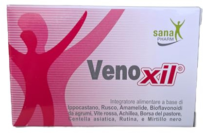 sanaPHARM VENOXIL Integratore Alimentare a Base di Estratti Vegetali con Ippocastano, Rusco, Amamelide, Vite Rossa, Centella Asiatica, Rutina e Mirtillo, 30 Compresse da 500mg