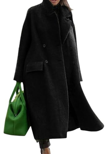 CHARTOU Women Oversized Long Winter Coats Warm Wool Blend Pea Trench Coat Overcoat (Large, Black)