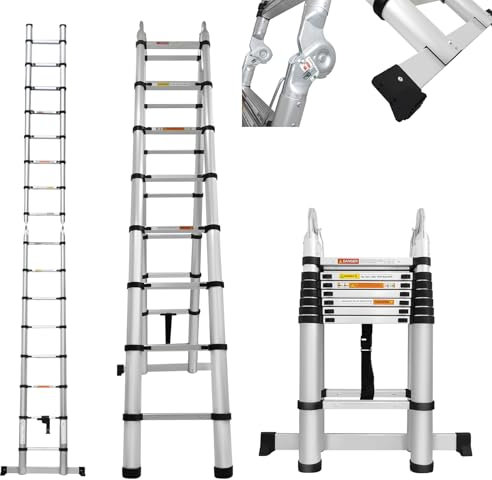 Telescopic Folding Ladder Extension Retractable Ladder,Aluminium Wall Ladder with Non-slip Foot Mats,Loft Step Ladder with Safety Balance Rod&Max Load 330lbs for Attic Access,Warehouse Work(2.5M)