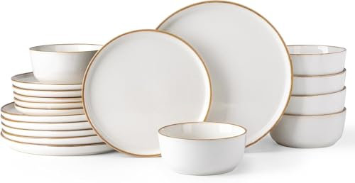 GBhome Service de table en grès pour 6 personnes, 18 pièces fabriquées à la main, résistant aux rayures, passe au lave-vaisselle et au micro-ondes, blanc perle