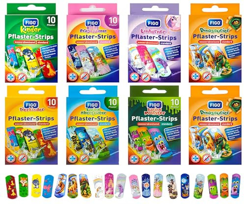80x Kinderpflaster,19 Motive, Pflaster Set für Mädchen und Jungs, Strips, Wasserabweisend, Klinisch getestet, bunte Pflaster