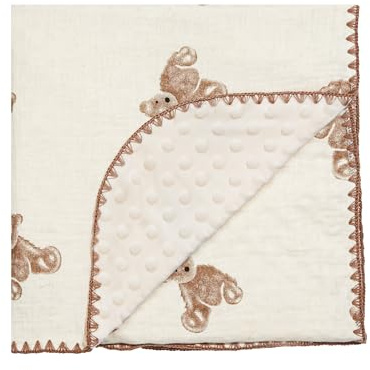 Baby Blanket 40x40 Inches,Muslin Cotton and Minky Dotted Double Layer Soft Receiving Blanket for Newborn Toddler,Brown Bear