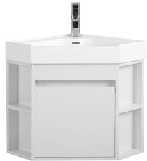 Tennant Brand 18 Inch Wall Mount Corner Bathroom Vanity with Matte Solid Surface (White)