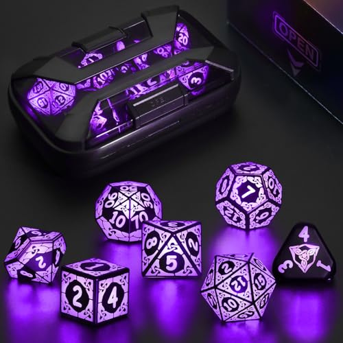 ZHOORQI DND Würfel Set, LED Dice Wiederaufladbar mit Ladebox (Purple) | Dungeons and Dragons Würfelset, 7 Pcs/Set Shackles Design Rollenspiel Polyedrische Würfel für RPSs D and D Geschenke