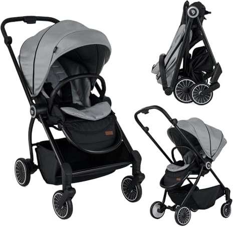 DREAMADE Kinderwagen mit umkehrbarem Sitz, Zusammenklappbarer Reisebuggy mit verstellbarer Rückenlehne, Verdeck, großem Korb & Fußstütze, Buggy für Neugeborene ab 36 Monate (Grau)