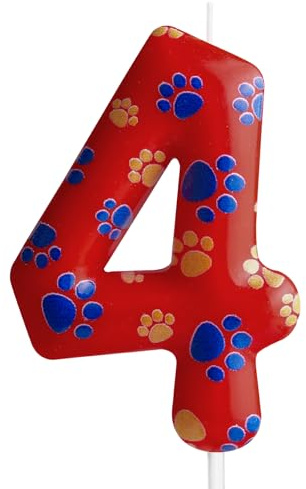 Vela rojo con diseño de garra de perro, vela rojo número 4 para pastel, velas para cupcakes para decoración de cumpleaños de niño y niña
