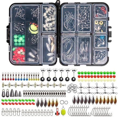 SANTUO 183Pcs Angeln Köder Zubehör Kit, Angelzubehör Inklusive Jig Haken Eisen-Gewichte Rolling Barrel Swivels Snaps Sinker Slides Swivel Kurbel Angeln Gear Set mit Tackle Box Karpfen Zubehör
