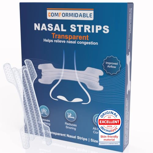 Comformidable Nasenpflaster gegen Schnarchen, transparent, 50 Stück | Anti Schnarch Nasenstrips für ruhige Nächte und Sport, unsichtbar, latexfrei, extra starker Halt, Größe M/L 66 mm