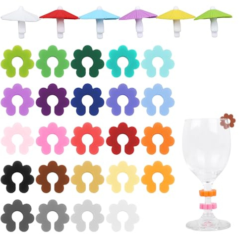 30 Stück Glasmarkierer Silikon, Wiederverwendbare Glas Markierung Trinkgläser für Weinglas, Champagnerglas, Cocktailglas – Bunte Glasmarker für Party Dekorationen, Glas Verwechseln Vermeiden