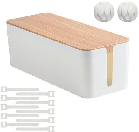 Cable Tidy Box with Wooden Cover, Cord Organizer Box with Cable Ties and Wire Winding Coils, Wire Manager Box for Hiding Messy Cables Wires to Keep Desktop Floor Home Clean Decorate
