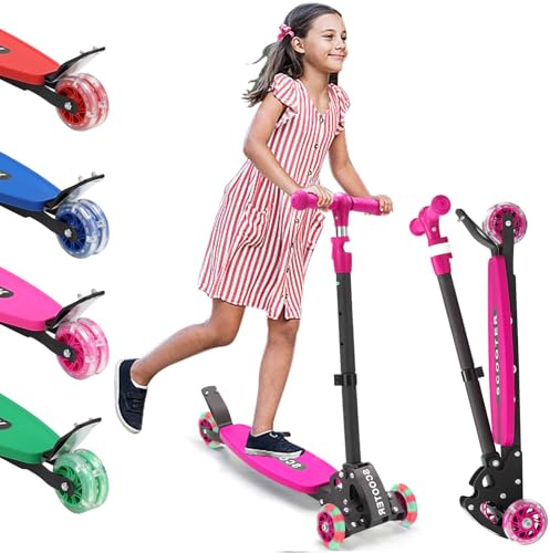 3 Wheel Scooter for Kids Age 3-12, Kid Scooters with Extra-Wide Deck, Lean to Steer Height Adjustable Handlebar, Light Up Wheels, Stable Smooth Riding Child Kick Scooter Hold 165 lbs, Girl Gift