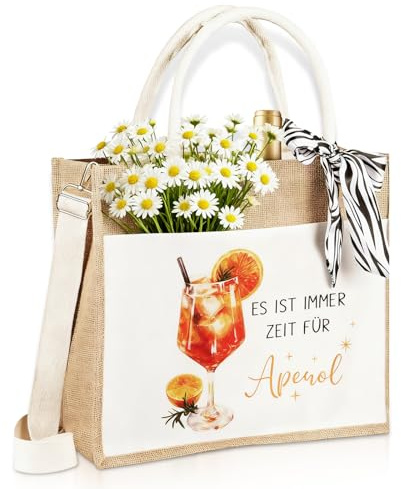 CHENKEE Jutetasche,Wiederverwendbare Jutebeutel,Faltbare Einkaufstasche,Wasserdicht Tote Bag,Aperol Geschenk mit Seidenschal und Verstellbare Schulterriemen,für Freundin,Kollege,Bestes Freund