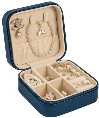 Topershow Schmuckkästchen Klein, Schmuckaufbewahrung Reise, Schmuckschatulle für Mädchen, Jewellery Box Tragbar, Schmuck Reiseetui Organizer für Ohrringe, Ringe,Armbänder, Halsketten (Blau)