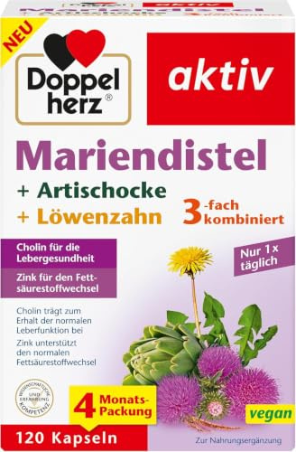Doppelherz Mariendistel + Artischocke + Löwenzahn | Zink unterstützt den normalen Fettsäurestoffwechsel - Cholin trägt zum Erhalt der normalen Leberfunktion bei - 120 Kapseln