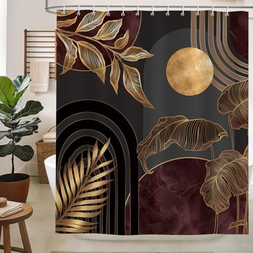 hometrixx Boho Duschvorhang Schwarze Braun Gold Blätter Geometrisch 180x200 | Wasserdicht Polyester, Maschinenwaschbar, Badevorhänge mit 12 Ringe, Schimmelresistent Badezimmervorhang für Dusche Bad