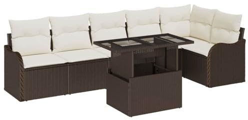Foknhdi Gartensofa 7-Teilig Braun Poly-Rattan 287x122x85 cm Modular Ecklounge mit Tisch Robustes Outdoor Lounge Set Sonneninsel für Balkon Terrasse Garten