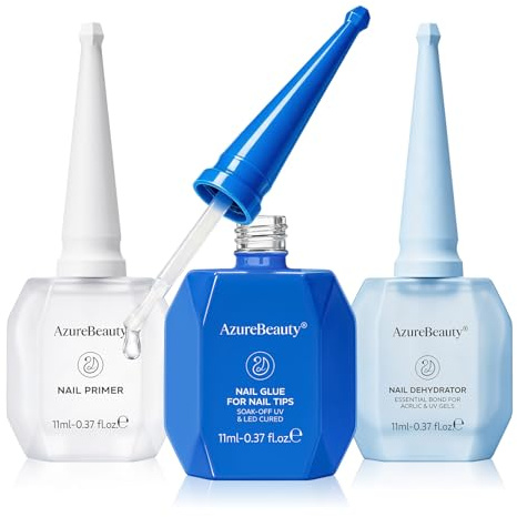 AZUREBEAUTY Nail Glue for Nail Tips, 3Pcs 11ml 10 in One Gel Nail Glue with Primer and Dehydrator Set for False Nail Tips, Rhinestones, Blooming Art Gel, Long-Lasting, Easy and Fast Extension