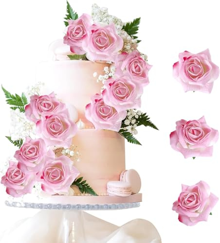 EKKONG 9 Piezas Decoracion Tartas Cumpleaños,Artificiales Flores Decoración para Tartas para Cumpleaños, Fiesta de Bodas (Rosa)