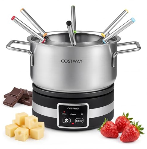 COSTWAY 1200W Set Fonduta Elettrica, in Acciaio Inox con Pentola da 2,3L, Base Riscaldante, 6 Forchette, per Formaggio Cioccolato, Temperatura Regolabile e Protezione dal Surriscaldamento