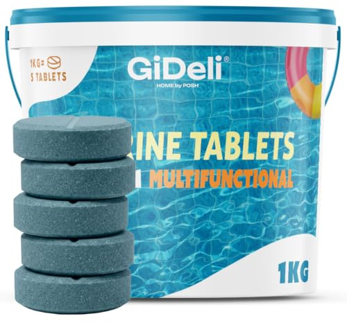 GiDeli Galets de Chlore Piscine Multifonction 1kg - Tablettes 200 g Longue Durée 4-en-1 - Anti-Algues, Stabilisé UV, Floculation - Hors-Sol, Tubulaire et Enterrée