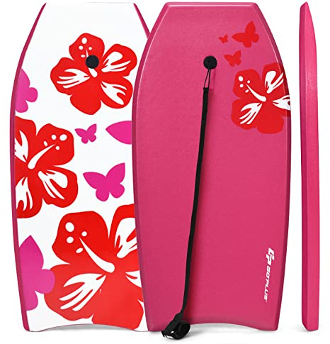 Goplus Bodyboard for Beach, 33/37/41 Inches Lightweight Body Board w/ Wrist Leash, EPS Core, XPE Deck, HDPE Slick Bottom, Surfboard for Kids Teens Adults Surfing (Pink Flower, 41 inch)