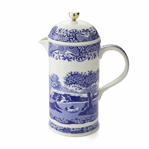 Spode Blue Italian French Press | 28-Ounce Capacity | Espresso, Coffee, and Tea Maker | Porcelain Cafetiere | Stainless Steel Plunger | Dishwasher Safe (Blue/White)