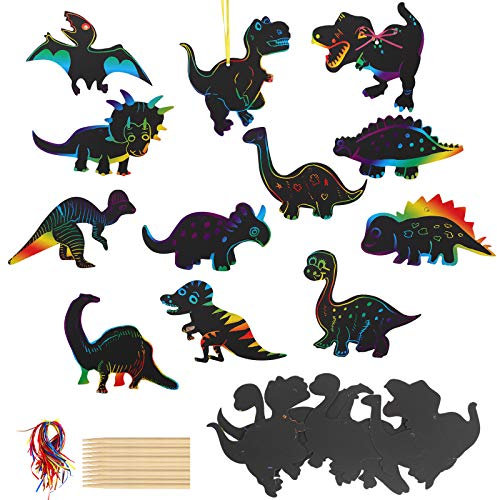 TAZEMAT 48 Stück Kratzbilder für Kinder Dinosaurier kratzbild mit 12 Stücke Kleiner Bambusstift und 48 Stücke Seil für Dinosaurier Fasching Karneval Verkleiden Kindergeburtstag Party Zubehör