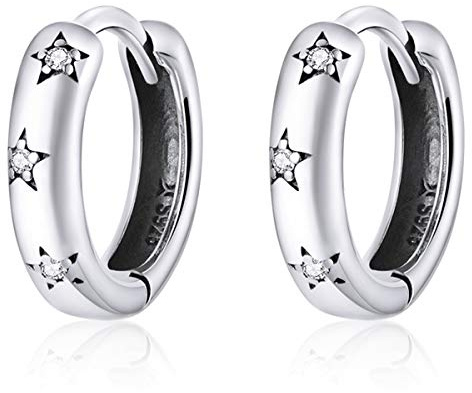 Qings Creolen Silber Damen,Ohrringe Silber 925 mit Sternen Zirkonia Creolen Klein Earrings Schmuck Geschenk für Frauen und Mädchen
