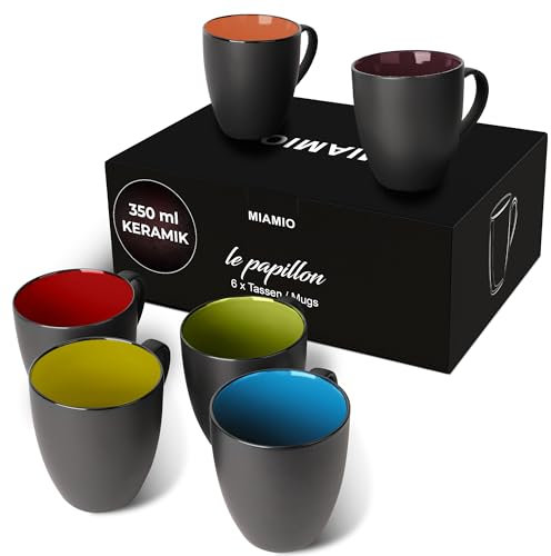 MIAMIO – 6 x 350 ml Pezzi per Colazione/Set di Tazze da Caffè - Le Papillon Collezione (Nero-Multicolore)