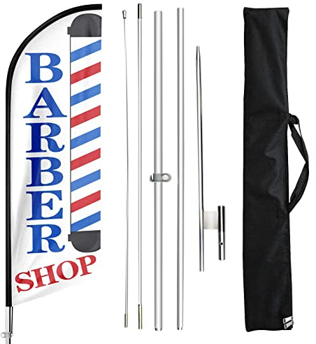 FSFLAG Flagge des Barbershops, 3m winddichte Federfahne für Haarschnitt mit Stangen-Kit und Erdspieß, Werbung Barbier Flagge, Schild für Outdoor Indoor Business…