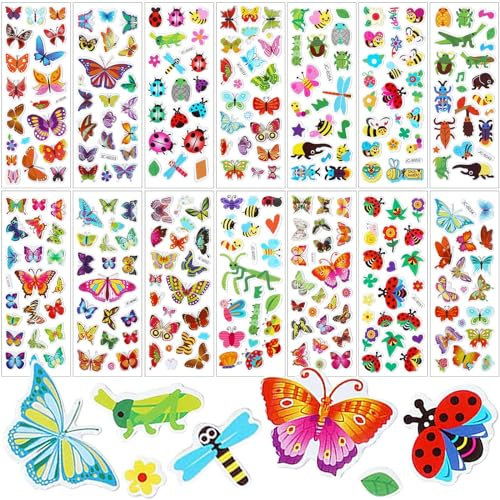 SANNIX 200 Stück 3D-Insekten-Schmetterling-Aufkleber für Kinder, 14 Blatt, geschwollene Tiere, Aufkleber für Scrapbooking, Bullet Journal