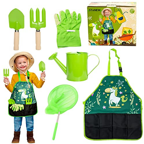 Stanew Ensemble d'outils de Jardinage pour Enfants kit Jardinage Enfant pour Garçons et Filles,avec Filet de pêche, Pelle, Rateau,Gant，Tablier et Bouilloire, Vert