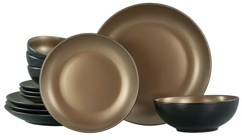 CreaTable, 23600, Serie GLAMOUR - Gold, 12-teiliges Geschirrset, Teller Set aus Steinzeug, spülmaschinen- und mikrowellengeeignet, Qualitätsproduktion