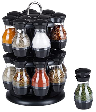 Relaxdays Gewürzkarussell, 16 Gewürzgläser, Gewürzständer 360° drehbar, HxD: 29 x 19 cm, aus Kunststoff, schwarz/Silber