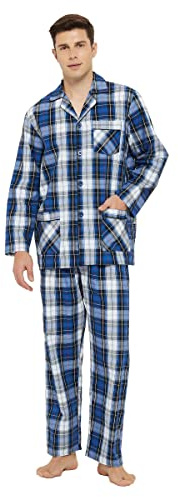 Global Herrpyjamas, lång pyjamas i bomull, tvådelade nattkläder, långärmad skjorta med V-ringning, fickor och knappslå, loungebyxor med band, nattkläder, M