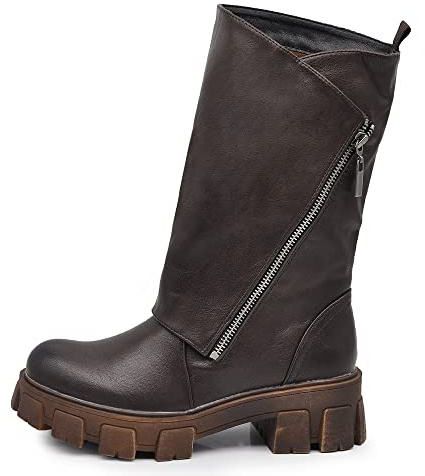 IF Fashion Chaussures Bottes pour femme au poignet Large Biker Motocariste avec zip Platform Anfibi 881, 881 T Marron, 37 EU