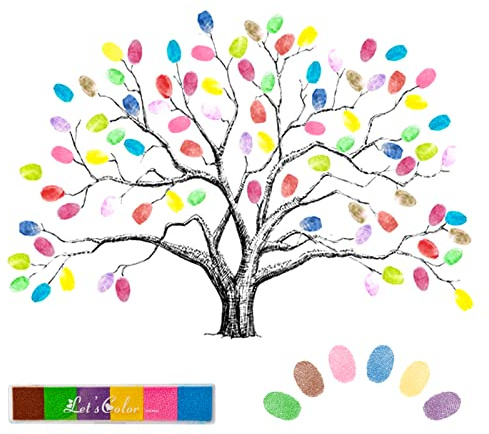 AIYONG Leinwand für Fingerabdrücke, Fingerabdruck Bild Hochzeit, Hochzeit Fingerabdruck Baum Leinwand Hochzeit für Jahrestag Geburtstag Signature mit 6 Farben Tinte
